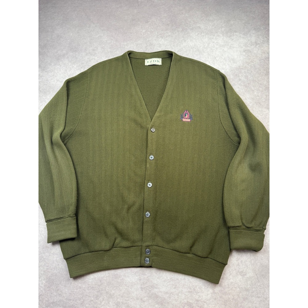 VTG 80s IZOD Cardigan Sweater Mens L Olive Green Button Up Crest Logo USA Preppy